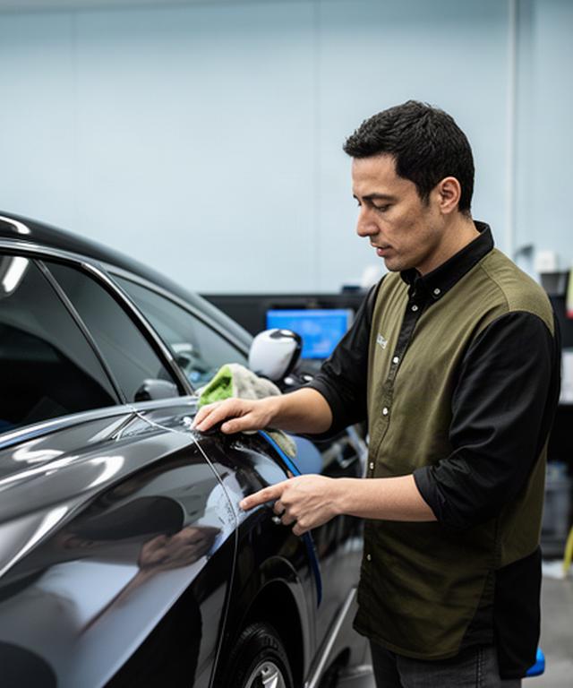 宜野湾の施工スペースで高級車のボディを確認する代表スタッフ