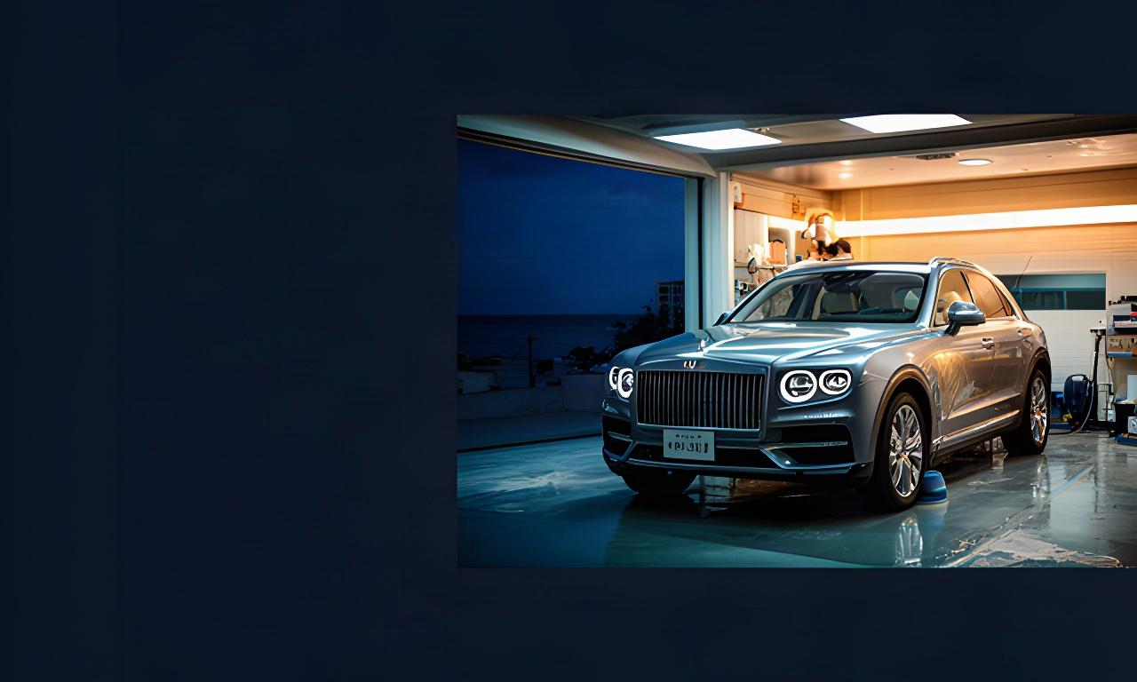 沖縄の海風を受ける高級車と夜間照明のディテーリング作業場