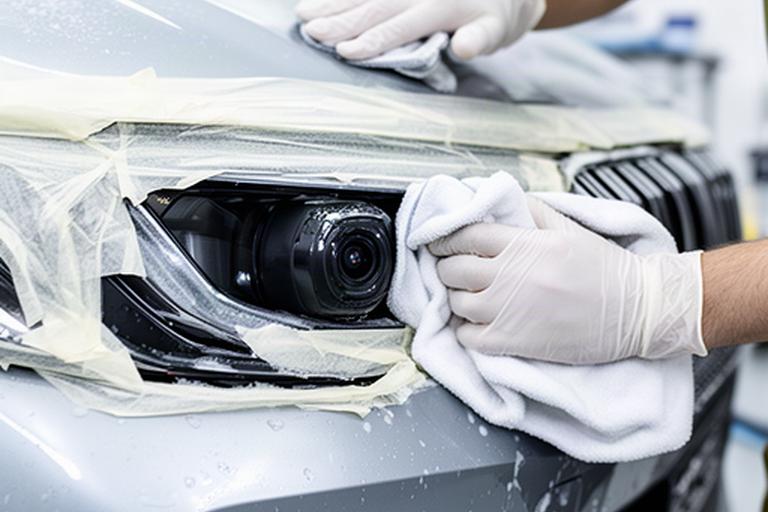 BMWの前方カメラ周辺をマスキングしマイクロファイバーで洗う作業