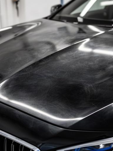 洗車機傷とくすみが見える高級車の黒いボンネット施工前